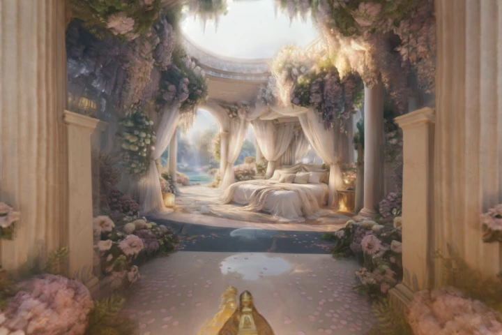 Enchanted Bedroom with Waterfall View