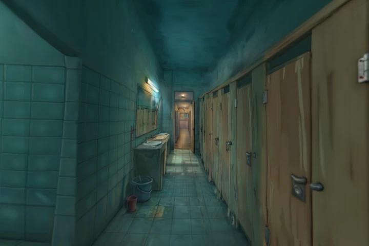 Dilapidated Public Bathroom Corridor