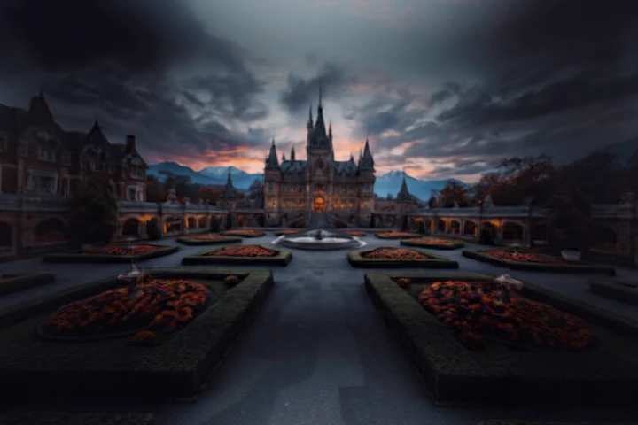 Gothic Castle Victorian Garden Dusk