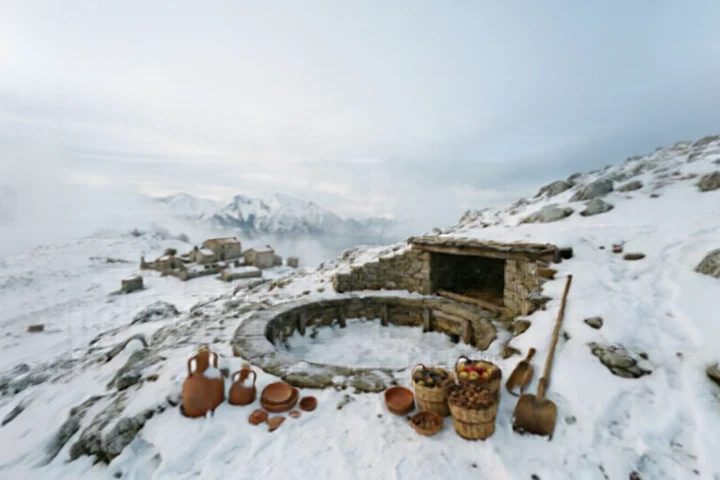 Ancient Village in Snowy Mountains