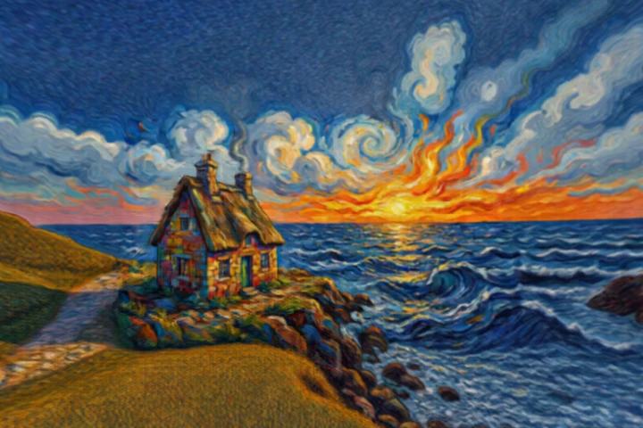 Ocean Cottage Sunset Painting