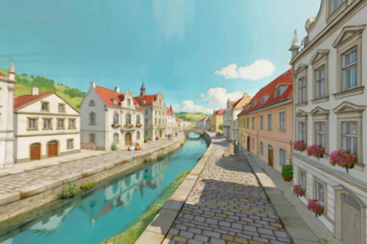 Riverside Town with Charming Architecture
